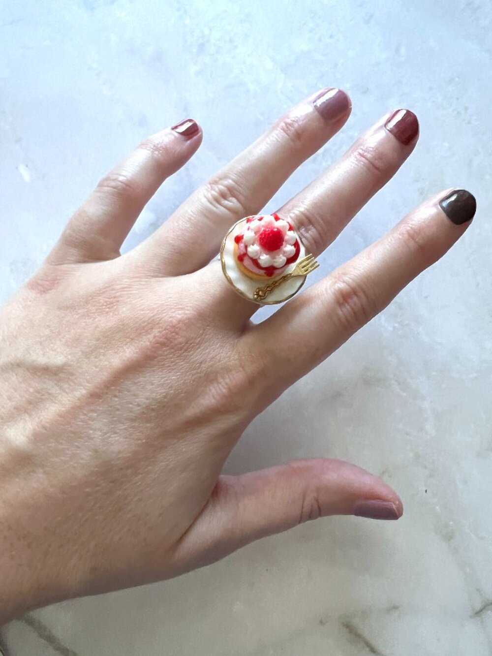 Strawberry Shortcake Ring – Miniature Dessert Jewelry, Adjustable Ring